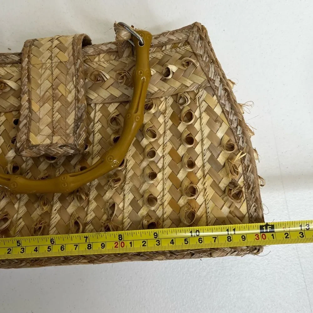 Vintage Handmade Tan Straw Satchel Handbag Faux Bamboo Handles Floral Lining